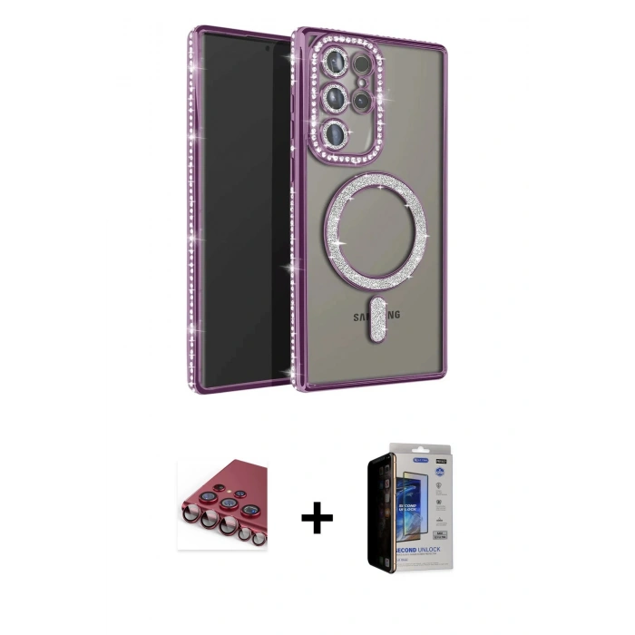 MARSİLYAN™- Galaxy S23 Ultra Kılıf Zirve Doku Prime - Siyah Durable Full Glue Curved Hayalet Cam + Valdez Metal Kamera Lens - KI