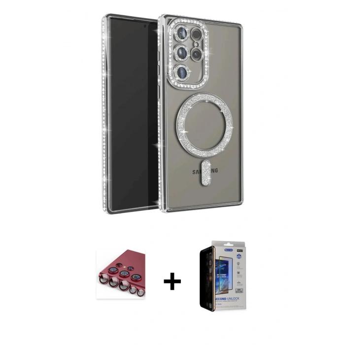 MARSİLYAN™- Galaxy S23 Ultra Kılıf Zirve Doku Prime - Siyah Durable Full Glue Curved Hayalet Cam + Valdez Metal Kamera Lens - KI