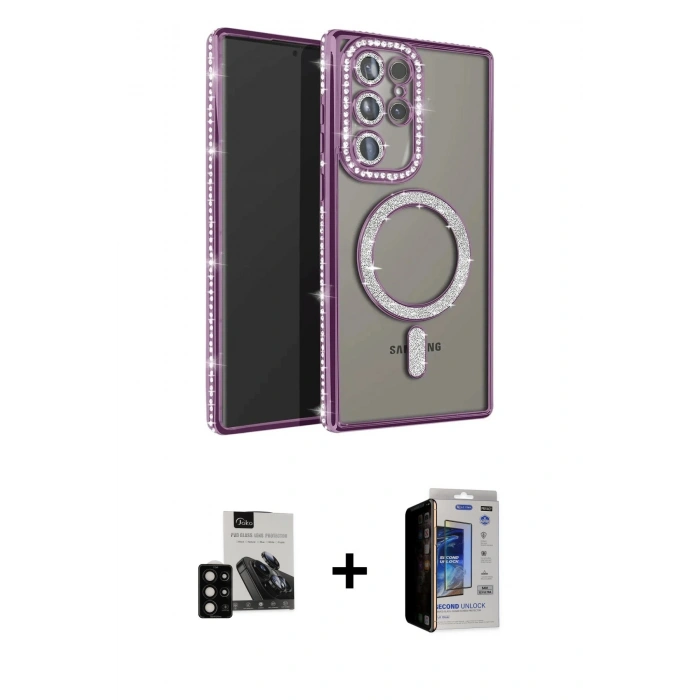 MARSİLYAN™- Galaxy S23 Ultra Kılıf Zirve Doku Prime - Siyah Durable Full Glue Curved Hayalet Cam + PVD Metal Kamera Lens - SH