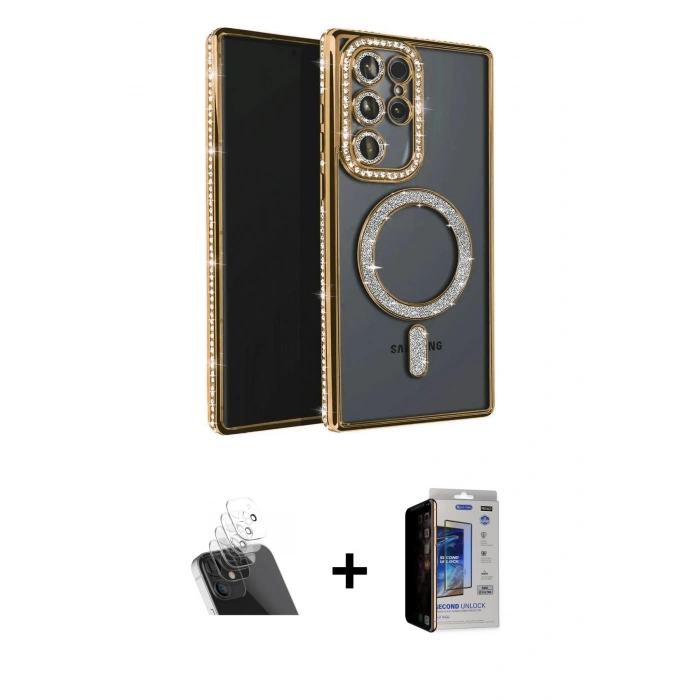 MARSİLYAN™- Galaxy S23 Ultra Kılıf Zirve Doku Prime - Siyah Durable Full Glue Curved Hayalet Cam + Kamera Lens Koruma Cam - SF