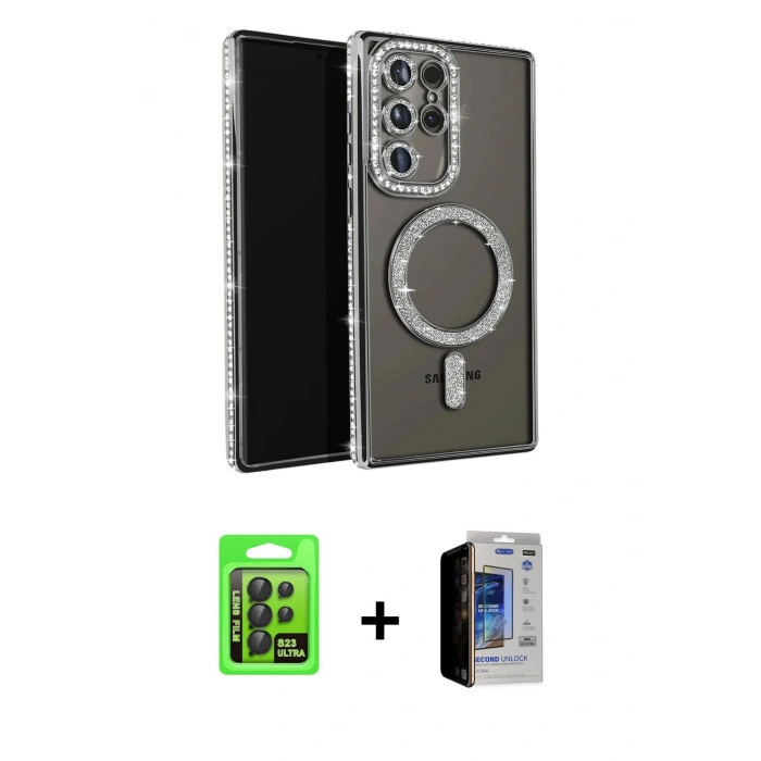 MARSİLYAN™- Galaxy S23 Ultra Kılıf Zirve Doku Prime - Siyah Durable Full Glue Curved Hayalet Cam + Raze Metal Kamera Lens - SH