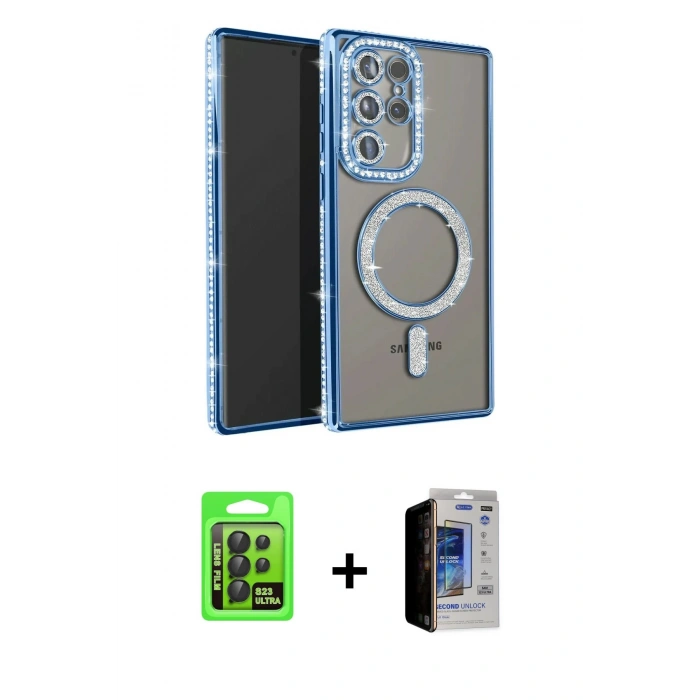 MARSİLYAN™- Galaxy S23 Ultra Kılıf Zirve Doku Prime - Siyah Durable Full Glue Curved Hayalet Cam + Raze Metal Kamera Lens - SH