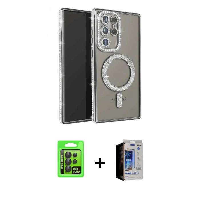 MARSİLYAN™- Galaxy S23 Ultra Kılıf Zirve Doku Prime - Siyah Durable Full Glue Curved Hayalet Cam + Raze Metal Kamera Lens - SH