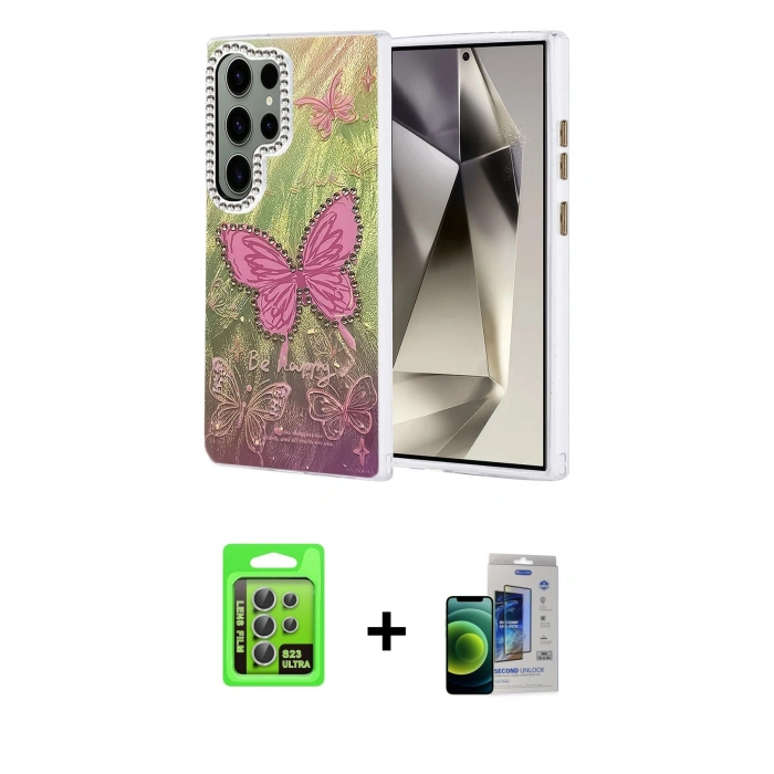 MARSİLYAN™- Galaxy S23 Ultra Kılıf Zirve Modern Prime - Siyah Durable Full Glue Curved Cam + Raze Metal Kamera Lens - GS