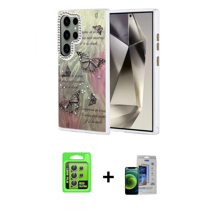 MARSİLYAN™- Galaxy S23 Ultra Kılıf Zirve Modern Prime - Siyah Durable Full Glue Curved Cam + Raze Metal Kamera Lens - GS