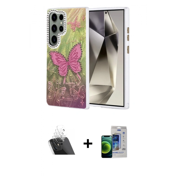 MARSİLYAN™- Galaxy S23 Ultra Kılıf Zirve Modern Prime - Siyah Durable Full Glue Curved Cam + Kamera Lens Koruma Cam - SF