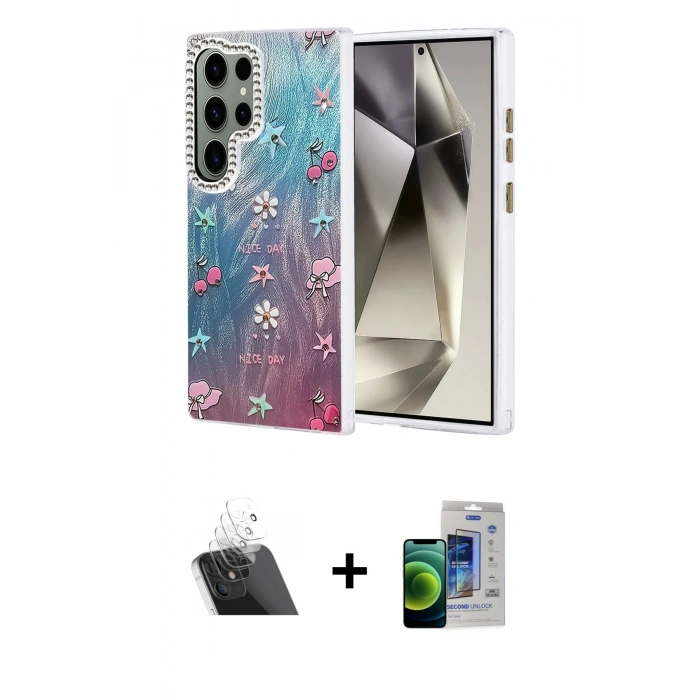MARSİLYAN™- Galaxy S23 Ultra Kılıf Zirve Modern Prime - Siyah Durable Full Glue Curved Cam + Kamera Lens Koruma Cam - SF