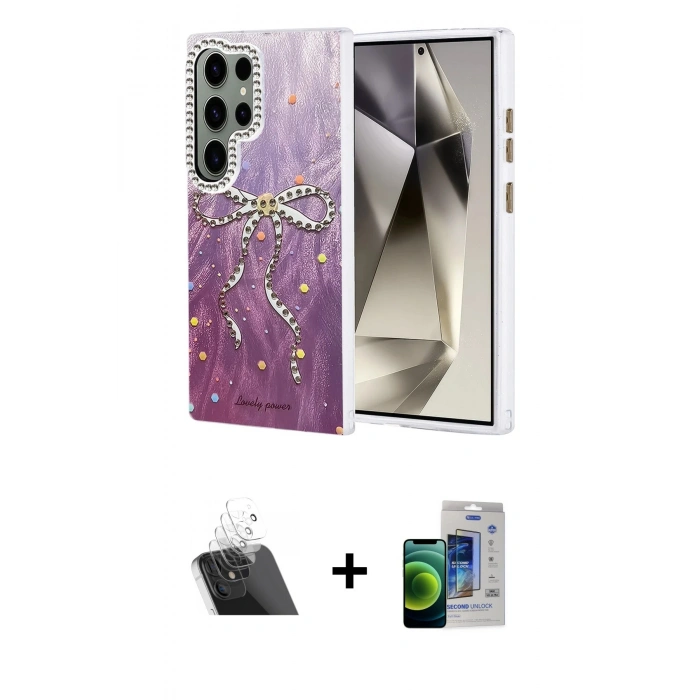 MARSİLYAN™- Galaxy S23 Ultra Kılıf Zirve Modern Prime - Siyah Durable Full Glue Curved Cam + Kamera Lens Koruma Cam - SF