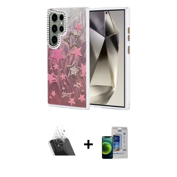 MARSİLYAN™- Galaxy S23 Ultra Kılıf Zirve Modern Prime - Siyah Durable Full Glue Curved Cam + Kamera Lens Koruma Cam - SF