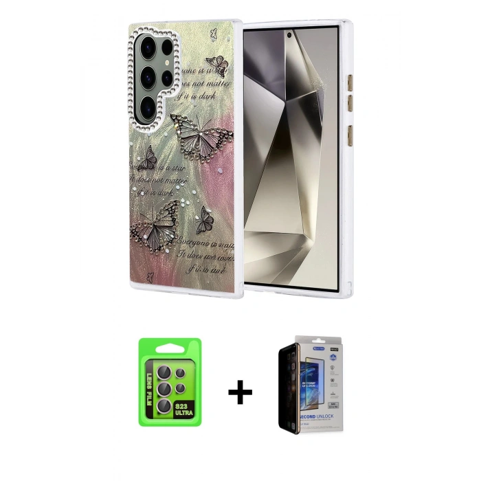 MARSİLYAN™- Galaxy S23 Ultra Kılıf Zirve Modern Prime - Siyah Durable Full Glue Curved Hayalet Cam + Raze Metal Kamera Lens - LA