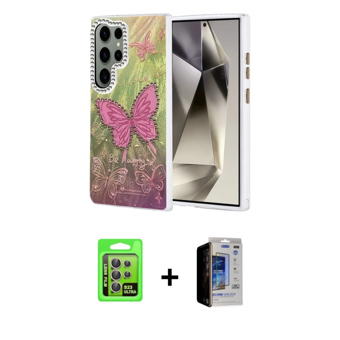MARSİLYAN™- Galaxy S23 Ultra Kılıf Zirve Modern Prime - Siyah Durable Full Glue Curved Hayalet Cam + Raze Metal Kamera Lens - LA