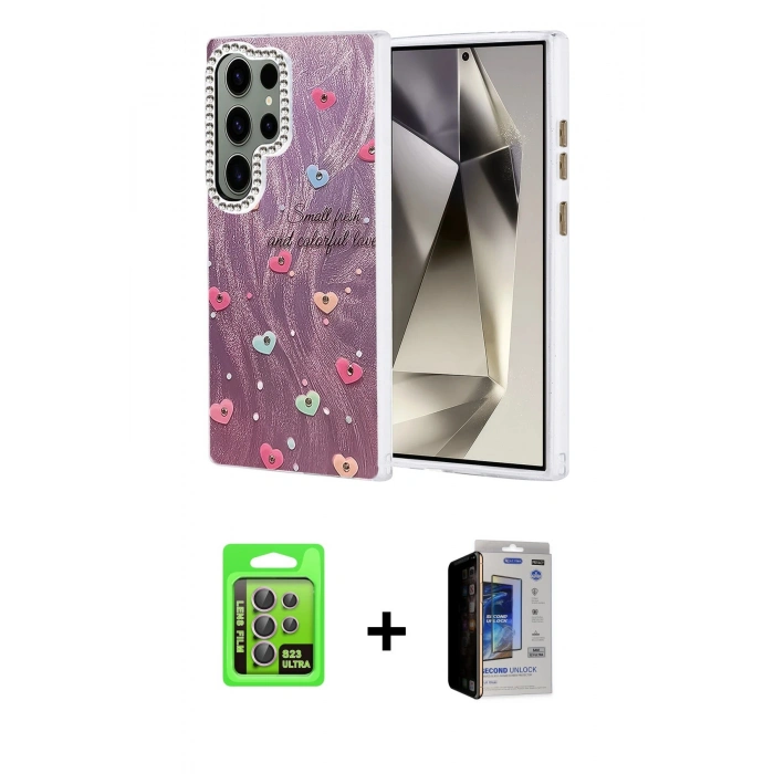 MARSİLYAN™- Galaxy S23 Ultra Kılıf Zirve Modern Prime - Siyah Durable Full Glue Curved Hayalet Cam + Raze Metal Kamera Lens - LA