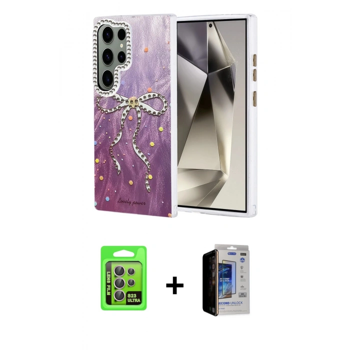 MARSİLYAN™- Galaxy S23 Ultra Kılıf Zirve Modern Prime - Siyah Durable Full Glue Curved Hayalet Cam + Raze Metal Kamera Lens - LA