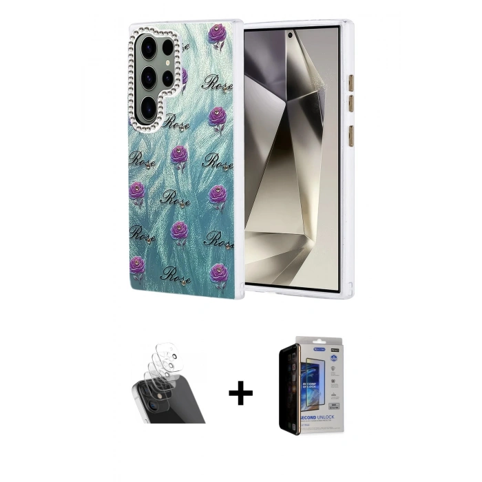 MARSİLYAN™- Galaxy S23 Ultra Kılıf Zirve Modern Prime - Siyah Durable Full Glue Curved Hayalet Cam + Şeffaf Kamera Lens Koruma Cam