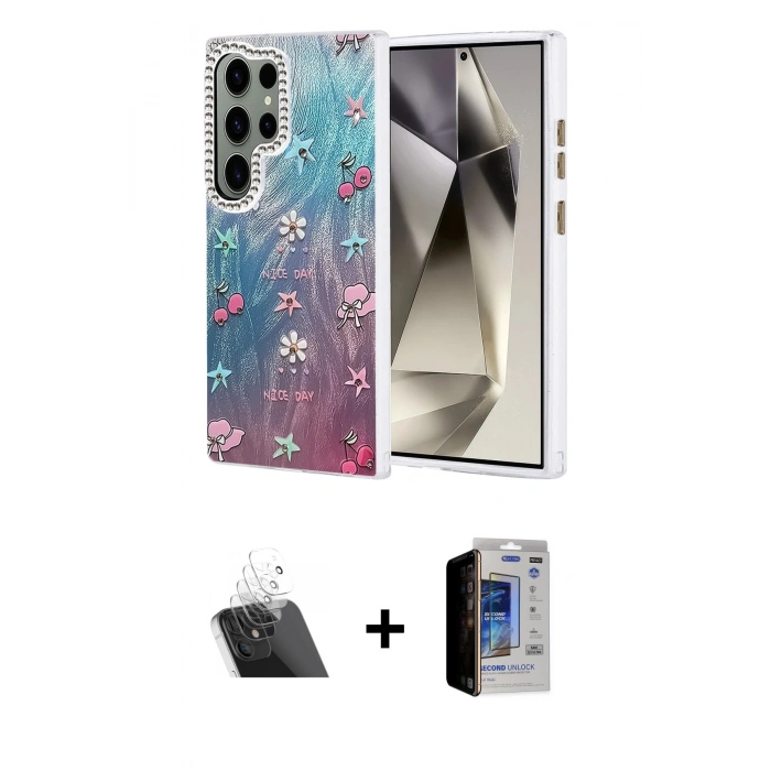 MARSİLYAN™- Galaxy S23 Ultra Kılıf Zirve Modern Prime - Siyah Durable Full Glue Curved Hayalet Cam + Şeffaf Kamera Lens Koruma Cam