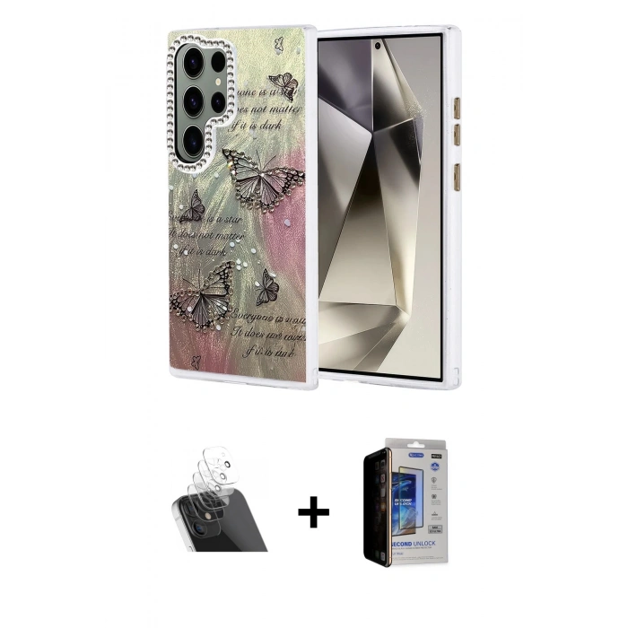 MARSİLYAN™- Galaxy S23 Ultra Kılıf Zirve Modern Prime - Siyah Durable Full Glue Curved Hayalet Cam + Şeffaf Kamera Lens Koruma Cam