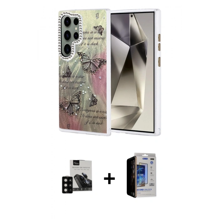 MARSİLYAN™- Galaxy S23 Ultra Kılıf Zirve Modern Prime - Siyah Durable Full Glue Curved Hayalet Cam + PVD Metal Kamera Lens - SH