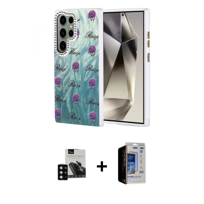 MARSİLYAN™- Galaxy S23 Ultra Kılıf Zirve Modern Prime - Siyah Durable Full Glue Curved Hayalet Cam + PVD Metal Kamera Lens - SH