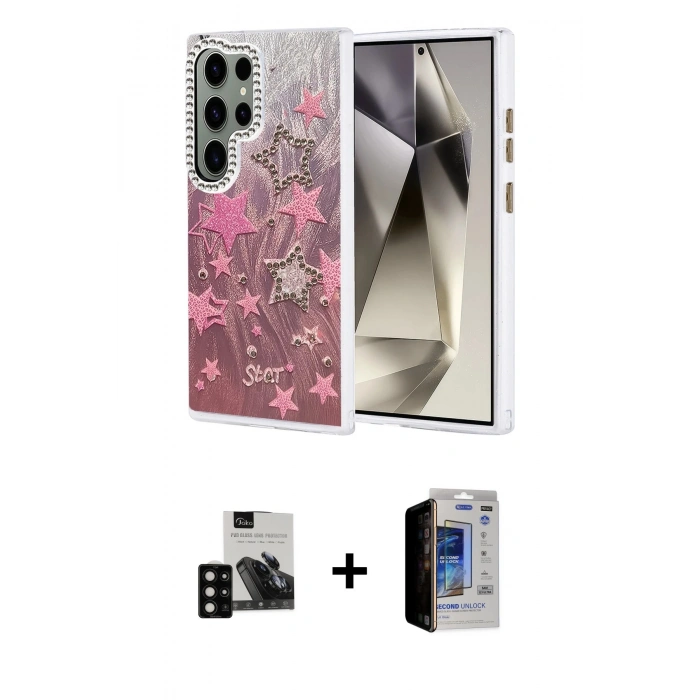 MARSİLYAN™- Galaxy S23 Ultra Kılıf Zirve Modern Prime - Siyah Durable Full Glue Curved Hayalet Cam + PVD Metal Kamera Lens - SH