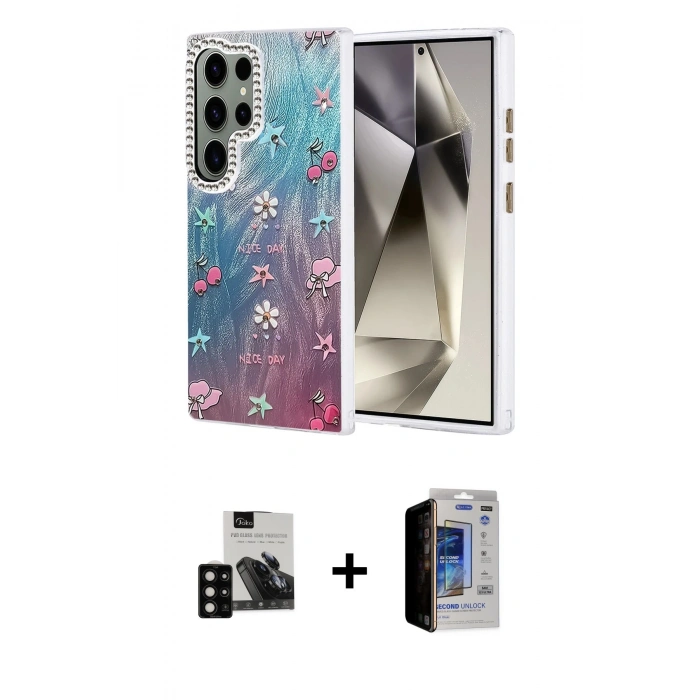 MARSİLYAN™- Galaxy S23 Ultra Kılıf Zirve Modern Prime - Siyah Durable Full Glue Curved Hayalet Cam + PVD Metal Kamera Lens - SH