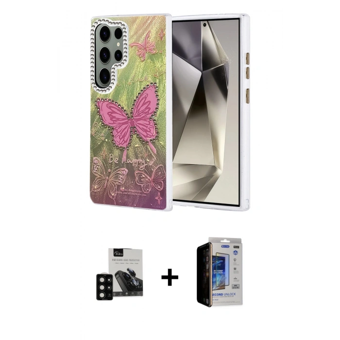 MARSİLYAN™- Galaxy S23 Ultra Kılıf Zirve Modern Prime - Siyah Durable Full Glue Curved Hayalet Cam + PVD Metal Kamera Lens - SH