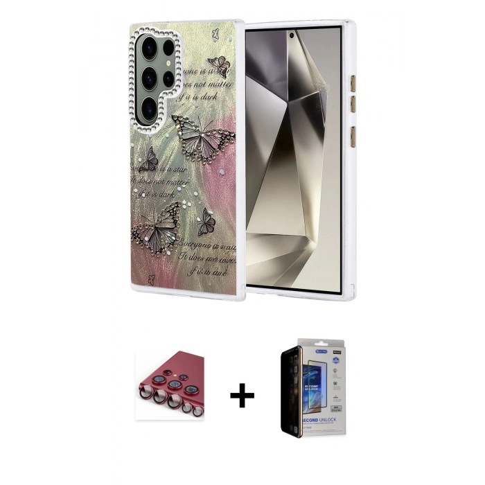 MARSİLYAN™- Galaxy S23 Ultra Kılıf Zirve Modern Prime - Siyah Durable Full Glue Curved Hayalet Cam + Valdez Metal Kamera Lens - KI