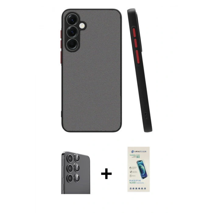 MARSİLYAN™- Galaxy S24 FE Kılıf Ahenk Çizgi Serisi - Şeffaf Pasifik Cam Ekran Koruyucu + Raze Metal Kamera Lens - SH