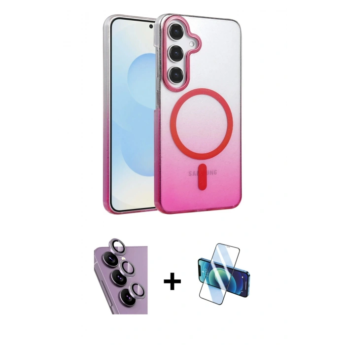 MARSİLYAN™- Galaxy S24 FE Kılıf Ahenk Doku Özel Seri - Siyah 3D Antistatik Cam Ekran Koruyucu + Raze Metal Kamera Lens - MR