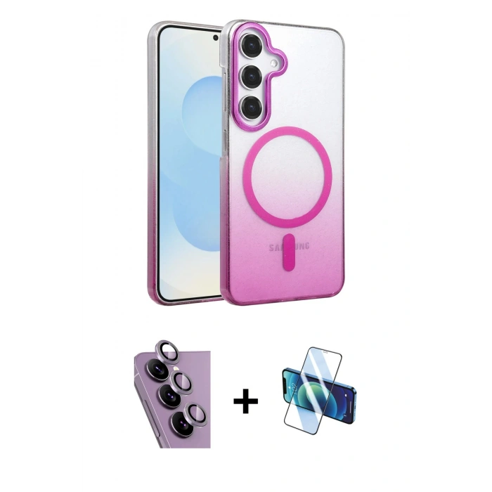 MARSİLYAN™- Galaxy S24 FE Kılıf Ahenk Doku Özel Seri - Siyah 3D Antistatik Cam Ekran Koruyucu + Raze Metal Kamera Lens - MR
