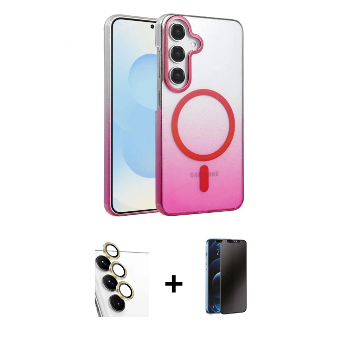 MARSİLYAN™- Galaxy S24 FE Kılıf Ahenk Doku Özel Seri - Siyah 3D Antistatik Hayalet Cam Ekran Koruyucu + Raze Metal Kamera Lens - SI