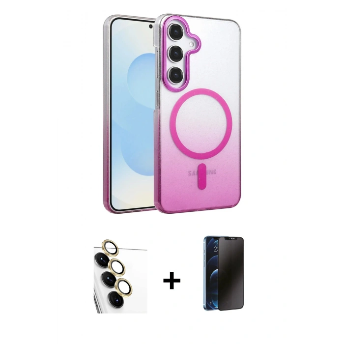 MARSİLYAN™- Galaxy S24 FE Kılıf Ahenk Doku Özel Seri - Siyah 3D Antistatik Hayalet Cam Ekran Koruyucu + Raze Metal Kamera Lens - SI