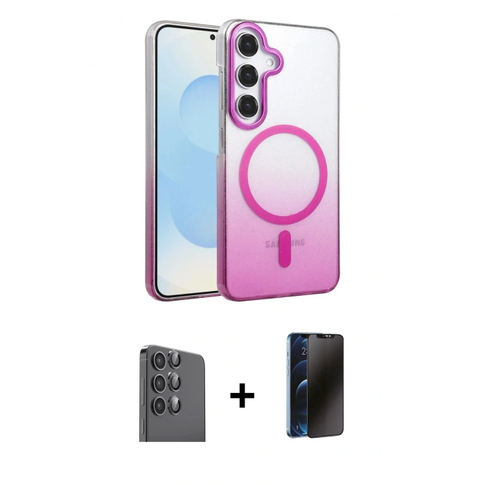 MARSİLYAN™- Galaxy S24 FE Kılıf Ahenk Doku Özel Seri - Siyah 3D Antistatik Hayalet Cam Ekran Koruyucu + Raze Metal Kamera Lens - SH