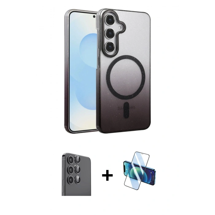 MARSİLYAN™- Galaxy S24 FE Kılıf Ahenk Doku Özel Seri - Siyah 3D Antistatik Seramik Nano Ekran Koruyucu + Raze Metal Kamera Lens - SH