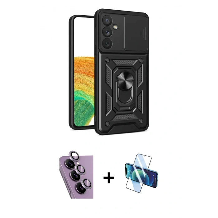 MARSİLYAN™- Galaxy S24 FE Kılıf Ahenk Klasik - Siyah 3D Antistatik Seramik Nano Ekran Koruyucu + Raze Metal Kamera Lens - MR