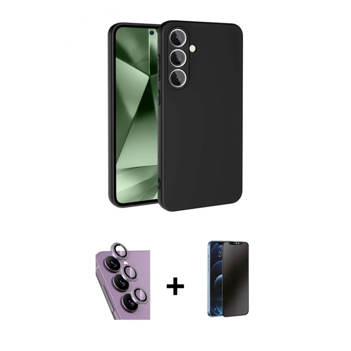 MARSİLYAN™- Galaxy S24 FE Kılıf Ahenk Serisi - Siyah 3D Antistatik Hayalet Cam Ekran Koruyucu + Raze Metal Kamera Lens - MR