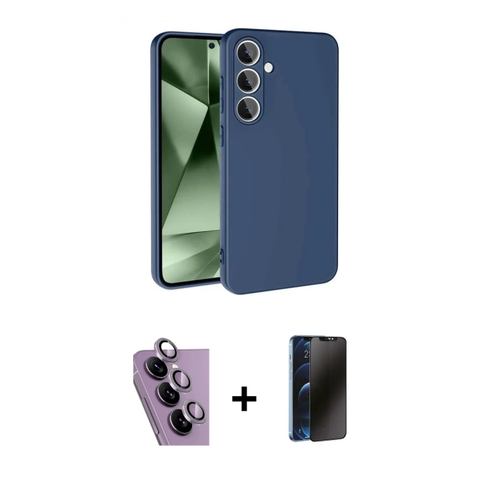 MARSİLYAN™- Galaxy S24 FE Kılıf Ahenk Serisi - Siyah 3D Antistatik Hayalet Cam Ekran Koruyucu + Raze Metal Kamera Lens - MR