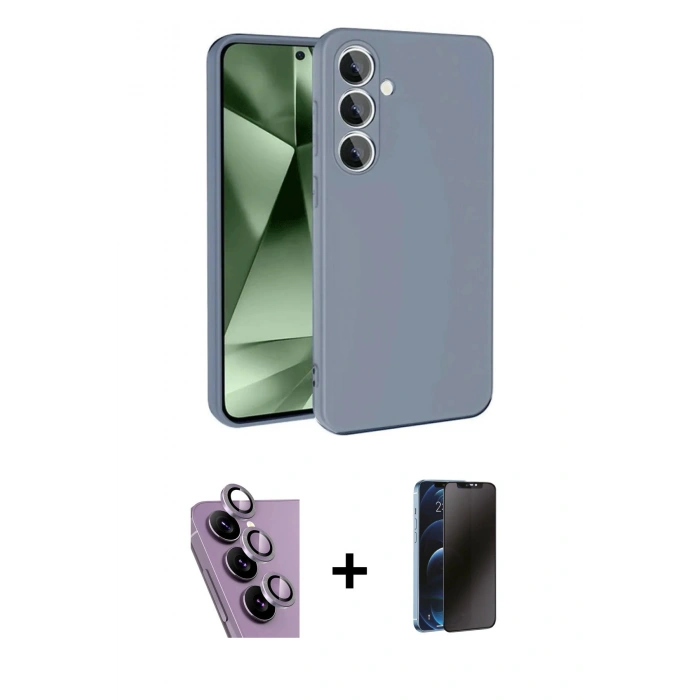 MARSİLYAN™- Galaxy S24 FE Kılıf Ahenk Serisi - Siyah 3D Antistatik Hayalet Cam Ekran Koruyucu + Raze Metal Kamera Lens - MR