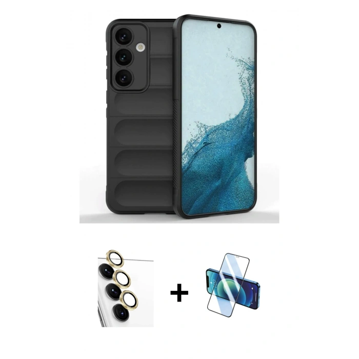 MARSİLYAN™- Galaxy S24 FE Kılıf Atlas Koleksiyonu - Siyah 3D Antistatik Seramik Nano Ekran Koruyucu + Raze Metal Kamera Lens - SI