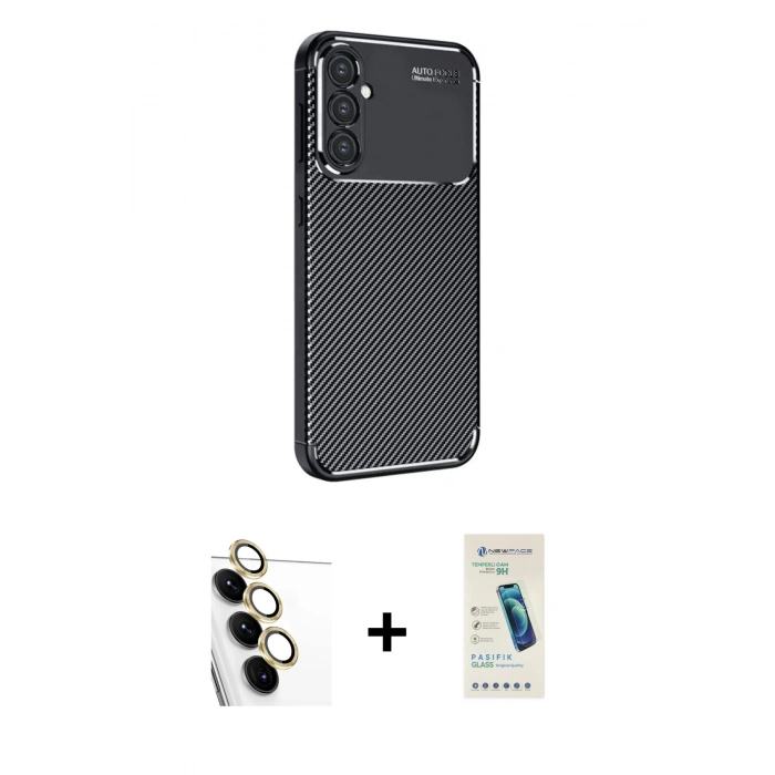 MARSİLYAN™- Galaxy S24 FE Kılıf Eksen Form Prime - Şeffaf Pasifik Cam Ekran Koruyucu + Raze Metal Kamera Lens - SI