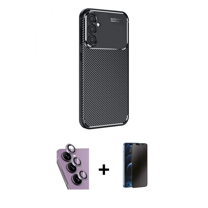 MARSİLYAN™- Galaxy S24 FE Kılıf Eksen Form Prime - Siyah 3D Antistatik Hayalet Cam Ekran Koruyucu + Raze Metal Kamera Lens - MR