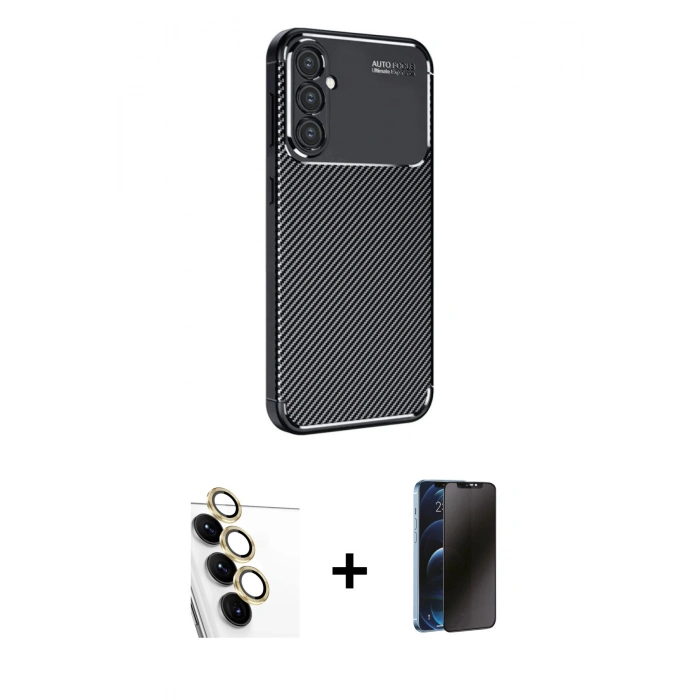 MARSİLYAN™- Galaxy S24 FE Kılıf Eksen Form Prime - Siyah 3D Antistatik Hayalet Cam Ekran Koruyucu + Raze Metal Kamera Lens - SI