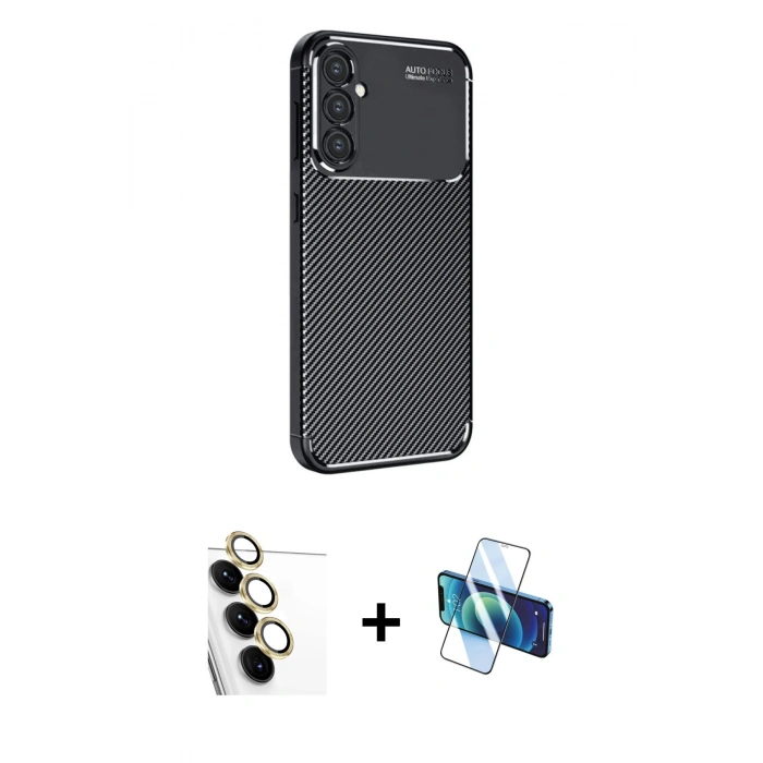 MARSİLYAN™- Galaxy S24 FE Kılıf Eksen Form Prime - Siyah 3D Antistatik Seramik Nano Ekran Koruyucu + Sarı Raze Metal Kamera Lens