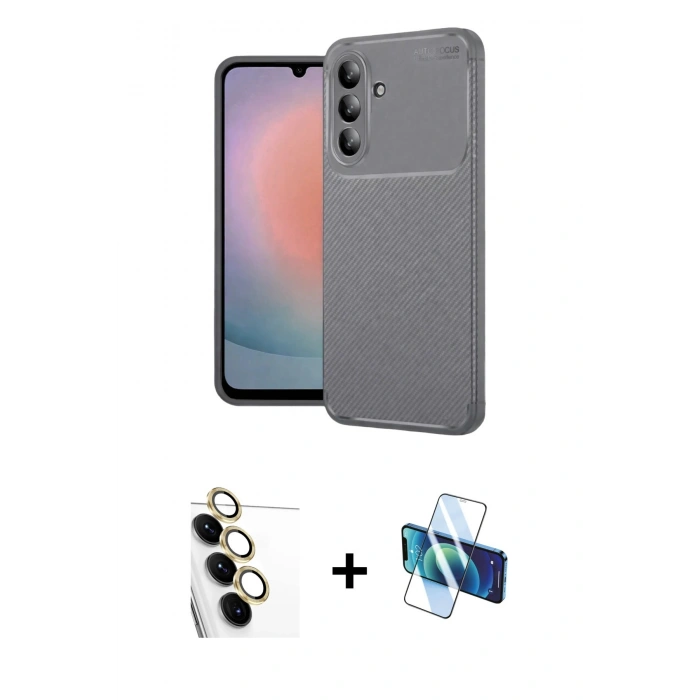 MARSİLYAN™- Galaxy S24 FE Kılıf Eksen Form Prime - Siyah 3D Antistatik Seramik Nano Ekran Koruyucu + Sarı Raze Metal Kamera Lens