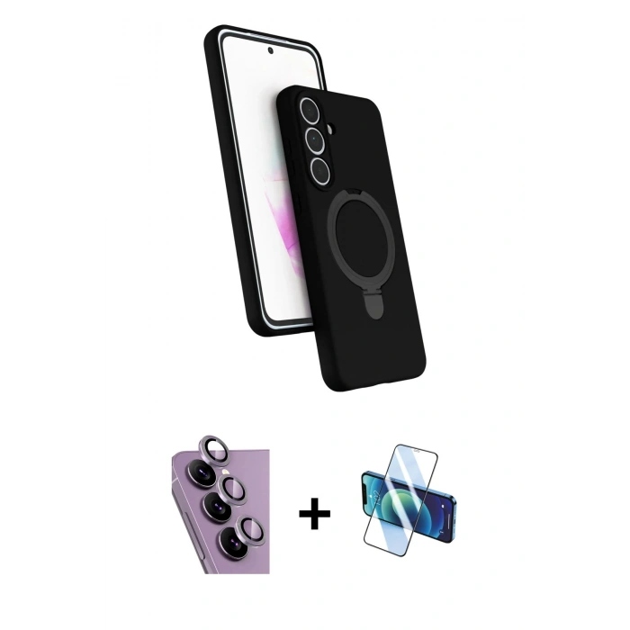 MARSİLYAN™- Galaxy S24 FE Kılıf İz Işık Koleksiyonu - Siyah 3D Antistatik Seramik Nano Ekran Koruyucu + Raze Metal Kamera Lens - MR