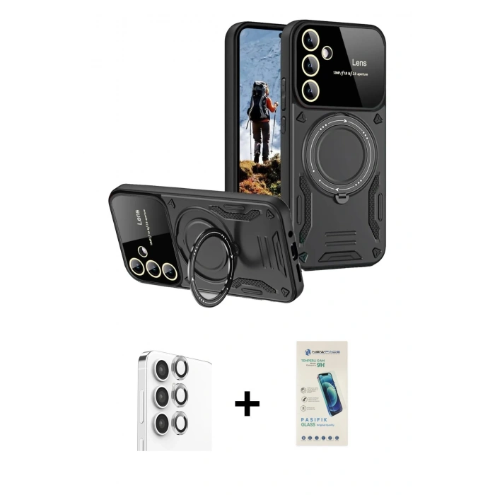 MARSİLYAN™- Galaxy S24 FE Kılıf Kıvılcım Modern Serisi - Şeffaf Pasifik Cam Ekran Koruyucu + Raze Metal Kamera Lens - GI