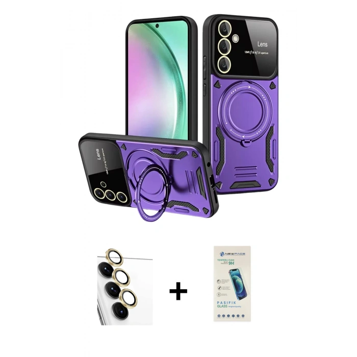 MARSİLYAN™- Galaxy S24 FE Kılıf Kıvılcım Modern Serisi - Şeffaf Pasifik Cam Ekran Koruyucu + Raze Metal Kamera Lens - SI