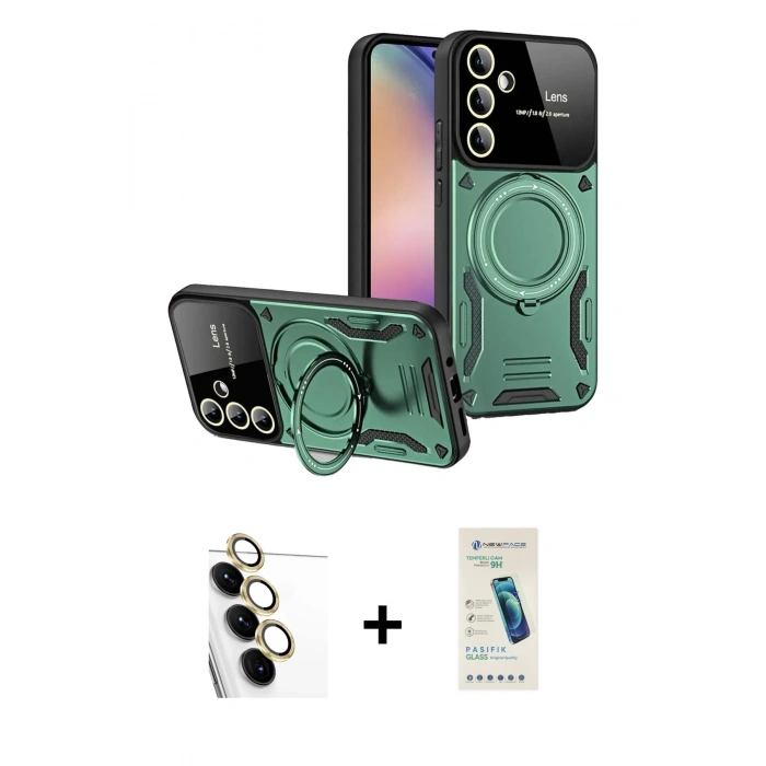 MARSİLYAN™- Galaxy S24 FE Kılıf Kıvılcım Modern Serisi - Şeffaf Pasifik Cam Ekran Koruyucu + Raze Metal Kamera Lens - SI
