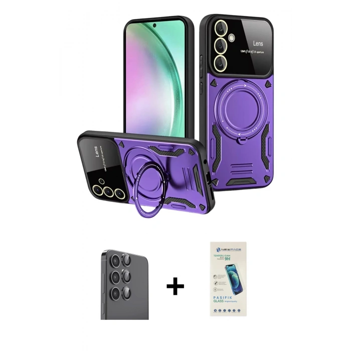 MARSİLYAN™- Galaxy S24 FE Kılıf Kıvılcım Modern Serisi - Şeffaf Pasifik Cam Ekran Koruyucu + Raze Metal Kamera Lens - SH
