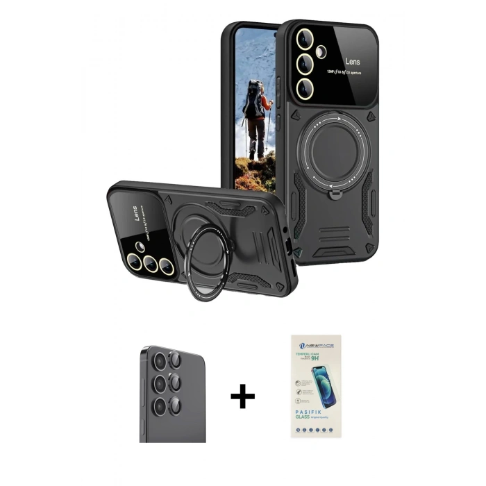 MARSİLYAN™- Galaxy S24 FE Kılıf Kıvılcım Modern Serisi - Şeffaf Pasifik Cam Ekran Koruyucu + Raze Metal Kamera Lens - SH
