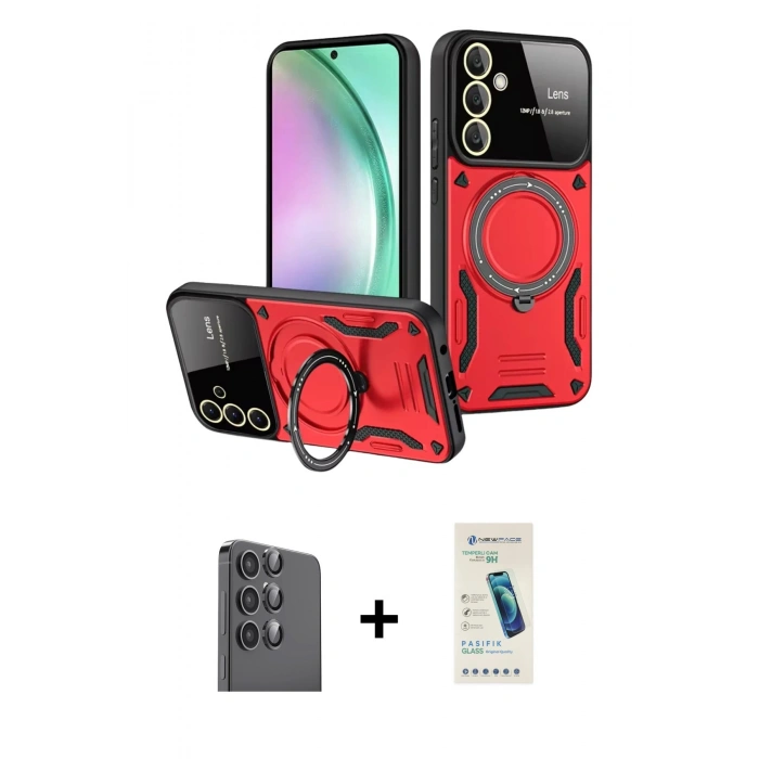 MARSİLYAN™- Galaxy S24 FE Kılıf Kıvılcım Modern Serisi - Şeffaf Pasifik Cam Ekran Koruyucu + Raze Metal Kamera Lens - SH